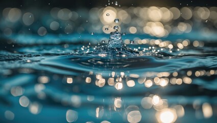 Poster - water droplets splashing on a surface with bokeh effect in soft focus background and copy space for 