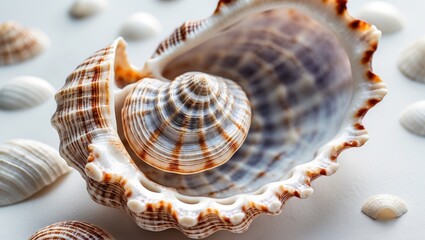 Poster - Close-up view of intricate seashells with detailed patterns on a smooth surface showcasing natural textures and colors Copy Space