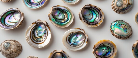 Poster - Assorted seashells with iridescent interiors displayed on a white background Copy Space