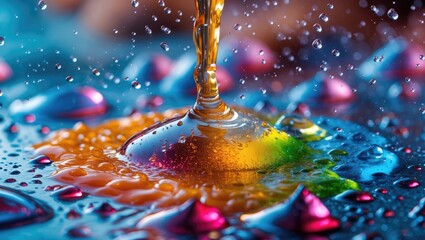 Poster - Colorful liquid splash over textured surface with droplets and reflections, vibrant patterns and high detail, Copy Space available.