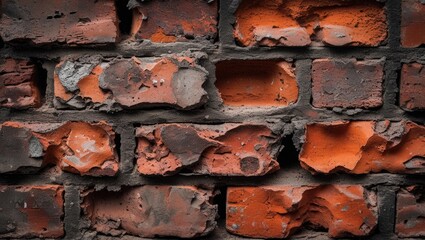 Poster - Close-up of aged and weathered red brick wall with rough surface and visible peeling mortar, Copy Space.