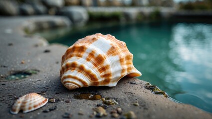 Poster - Seashell resting on a rocky surface near a tranquil pool of water with blurred background elements and soft natural lighting Copy Space