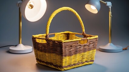 Poster - Yellow and brown woven basket with handle illuminated by two modern lamps on gray background Copy Space