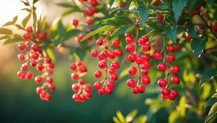 Poster - Close-up of vibrant red berries hanging from green leaves with gentle sunlight illuminating the scene Copy Space