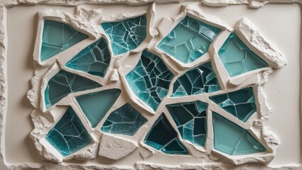 Poster - Textured wall art featuring broken glass pieces in varying shades of teal and turquoise set in a plaster frame with unique patterns Copy Space