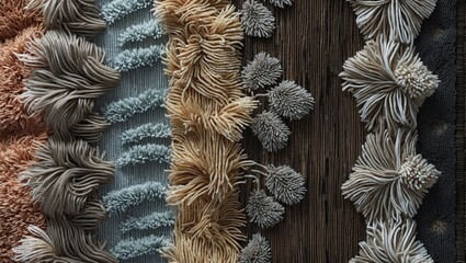 Poster - Textured fabric samples in various colors and patterns showcasing intricate detailing and textile design on a neutral background. Copy Space