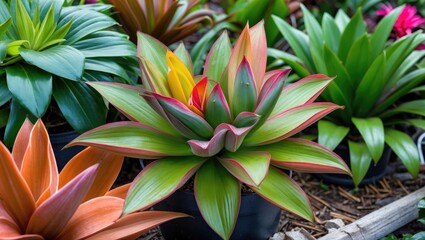 Poster - Vibrant tropical plants in nursery setting with colorful foliage and various shapes, suitable for gardening and interior decor, Copy Space
