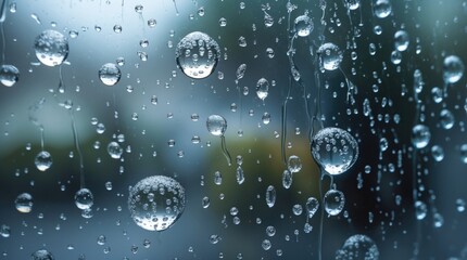 Poster - Close-up of raindrops on glass with blurred background and soft light reflections, ideal for nature and weather themes, Copy Space