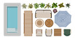 © Creative_Juice_Art - Outdoor furniture top view icons for interior and landscape design plan. Sofa, armchairs, table, plants, sunbed, swimming pool for garden, terrace, patio, porch zone. Realistic illustration isolated.