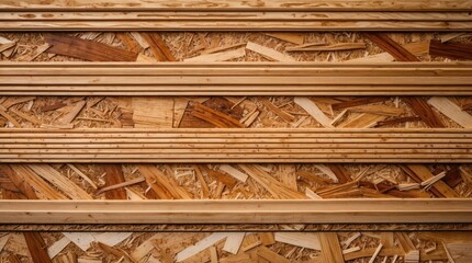 Poster - Textured wooden surface with various shades of wood and plywood layers arranged in a repetitive pattern Copy Space
