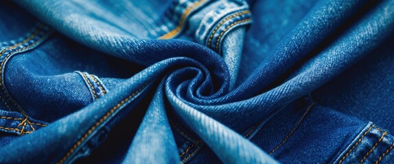 Poster - Blue denim fabric close-up with detailed texture and folds suitable for fashion or textile backgrounds Copy Space