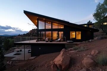 Wall Mural - Modern home, architectural design on a mountain at dusk for real estate ads