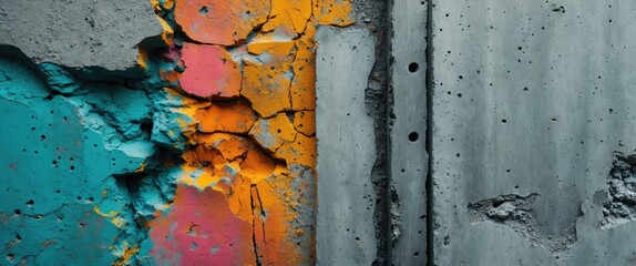 Poster - Abstract textured wall with vibrant colorful peeling paint and rough concrete surface suitable for background design and Copy Space