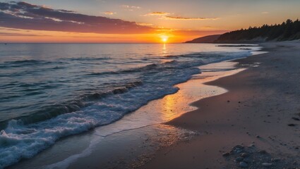 Poster - Sunset over calm ocean waves on sandy beach with gentle shoreline featuring reflections of light and serene nature landscape Copy Space