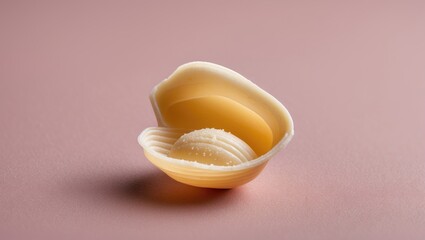 Poster - Unopened clam shell with smooth, layered textures on a soft pink background with copy space for text placement