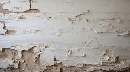 Poster - Peeling white paint on an old wall revealing the underlying texture and surface damage with rough edges and exposed areas Copy Space
