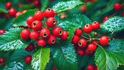 Poster - Red berries with green leaves covered in raindrops in a natural setting. Copy Space