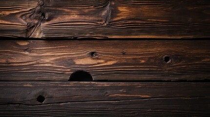 Poster - Dark weathered wooden planks with natural wood grain texture and circular holes copy space