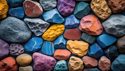 Poster - Colorful textured stones background with varied shapes and sizes, ideal for design elements, with ample copy space for text insertion.