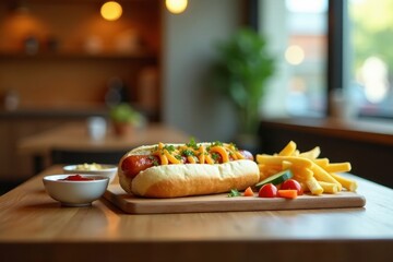 Wall Mural - A delectable hot dog, generously topped with melted cheese and fresh herbs, served alongside a portion of crispy fries and a vibrant medley of fresh vegetables on a rustic wooden board.