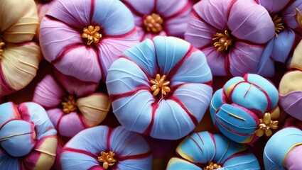 Poster - Colorful fabric flowers arranged closely with soft textures and intricate details in pink, blue, and beige tones