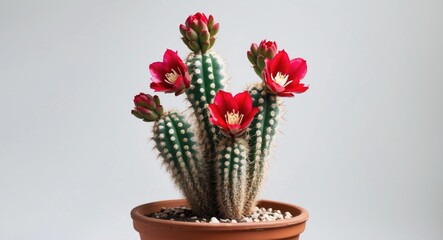 Wall Mural - Cactus plant with vibrant red flowers in terracotta pot against light background Copy Space