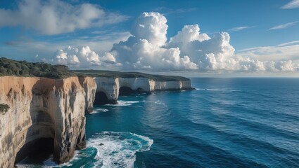 Poster - Coastal cliffs with turquoise water and dramatic clouds under a blue sky at sunny day in vibrant natural landscape Copy Space