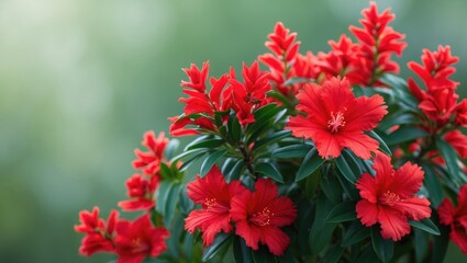 Poster - Vibrant red flowers with green leaves in soft focus background natural light gardening landscape Copy Space