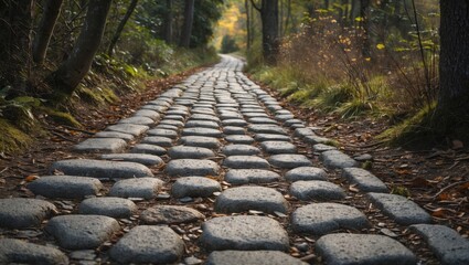 Poster - Cobblestone pathway through a forested area with autumn foliage and soft natural light visible in the distance Copy Space