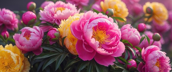 Poster - Vibrant peony flowers in various shades of pink and yellow with lush green foliage on a blurred background in soft natural light Copy Space