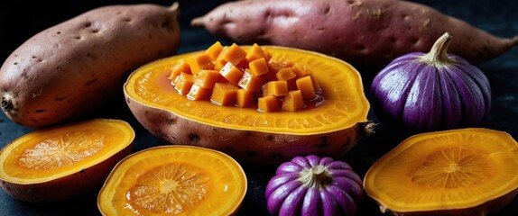 Poster - Fresh cut butternut squash with diced pieces surrounded by sweet potatoes and purple ornamental pumpkins on dark background Copy Space