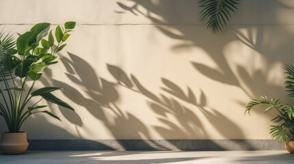 Poster - Indoor plants casting shadows on a textured wall with copy space for text placement.