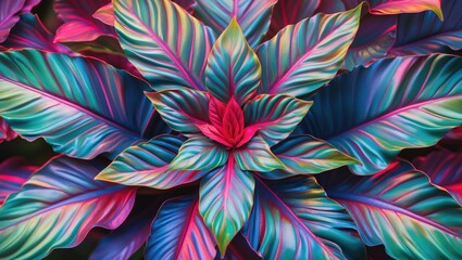 Poster - Colorful leaves of a tropical plant with vibrant shades of green, pink, and blue, creating a striking botanical composition with Copy Space.