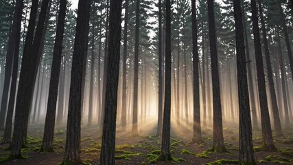 Aufkleber - Misty forest depths with sunlight piercing through tall trees at dawn