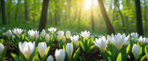 Poster - White flowers blooming in a lush green forest with soft sunlight filtering through trees providing a serene natural environment Copy Space