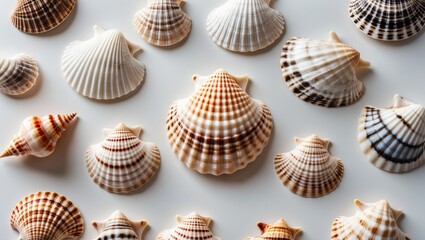 Poster - Various colorful seashells arranged aesthetically on a light surface showcasing diverse patterns and textures Copy Space