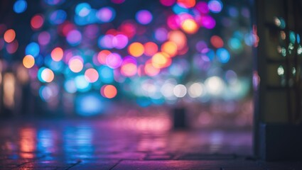 Poster - colorful bokeh lights in an urban setting with blurred reflections on pavement surfaces suitable for