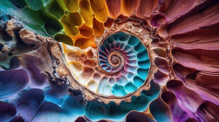 Poster - Colorful Spiral Shell Pattern with Vibrant Hues and Detailed Texture Copy Space