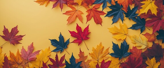 Poster - Colorful autumn leaves on yellow background flat lay with copy space for text or graphics