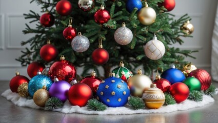 Wall Mural - Colorful Christmas ornaments decorating the base of a festive tree with white fur skirt and natural foliage elements. Copy Space.