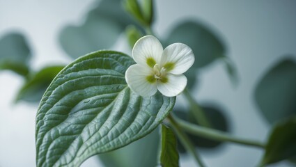 Poster - Close-up of a delicate white flower with green leaves on a soft blurred background Copy Space