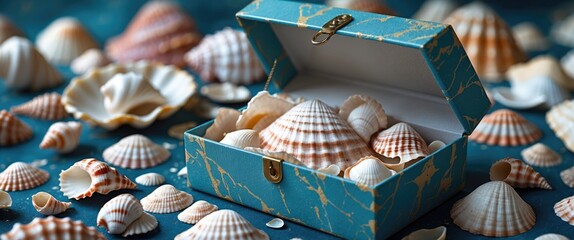 Poster - Seashells arranged in a decorative box surrounded by loose seashells on a blue background Copy Space