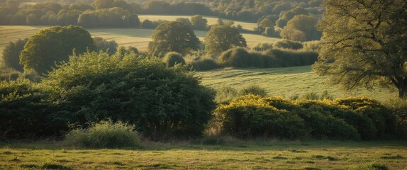 Poster - Lush green landscape with rolling hills and trees under soft natural light during golden hour Copy Space