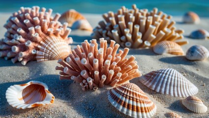 Poster - Colorful seashells and coral pieces on sandy beach with shallow water in background, natural marine environment, Copy Space