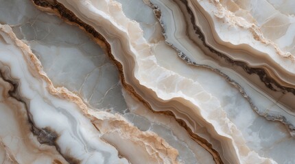 Poster - Abstract close-up of layered natural stone texture featuring shades of beige, grey and white with flowing patterns Copy Space