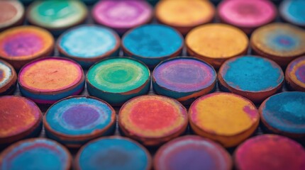 Poster - Colorful round chalk pastels arranged in a grid pattern with varying colors and textures on a dark background Copy Space