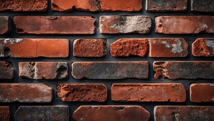 Poster - Textured red brick wall background with weathered appearance and dark mortar joints. Copy Space
