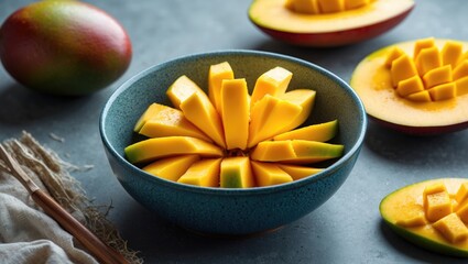 Poster - Freshly sliced mango arranged in a decorative pattern in a blue bowl with whole mangoes on a gray stone background with copy space.