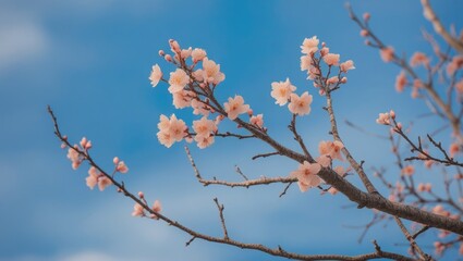 Poster - Pink cherry blossom flowers on a branch against a clear blue sky with soft clouds in the background Copy Space