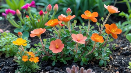 Poster - Colorful blooming flowers in garden setting with green leaves and soft focus background showcasing floral beauty and diversity Copy Space